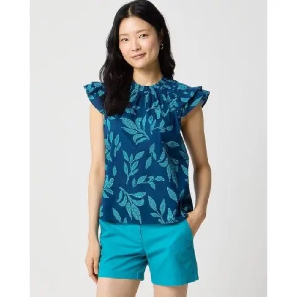 J. Crew Women’s Navy and Aqua Leaf Print Ruffled Sleeveless Top Size M